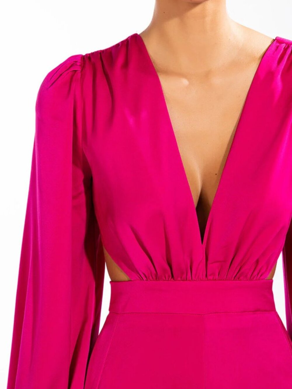 NWT AKIRA Hot Pink Satin Jumpsuit with Lace-Up Back Glam Wide Leg Statement - Picture 5 of 16